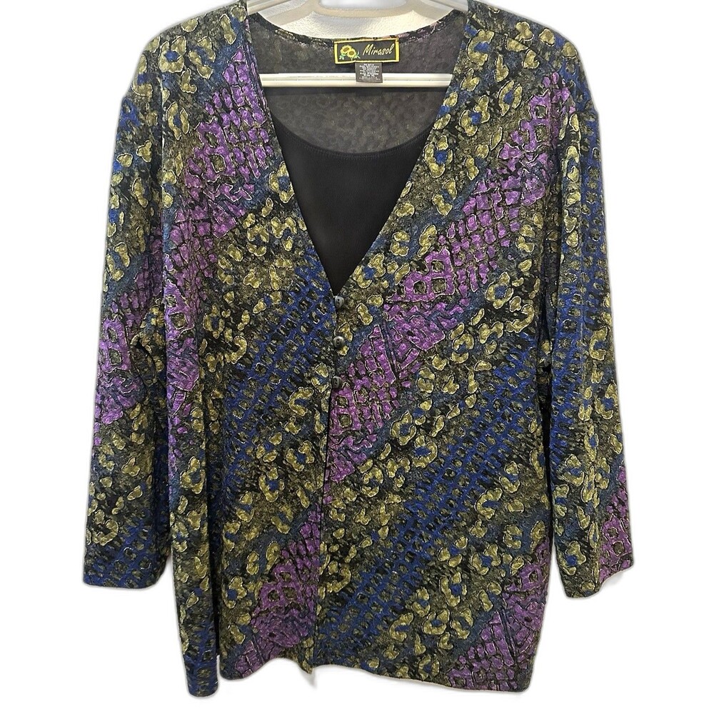 Vintage 90s Mirasol Abstract Print Button Front Blouse With Inset XL Made USA